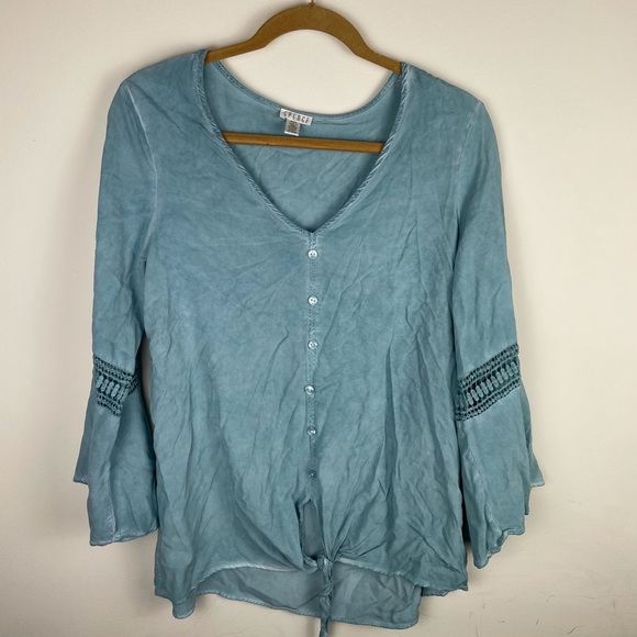 SPENSE Light Blue Bell Sleeve Button Up Shirt - Picture 1 of 7
